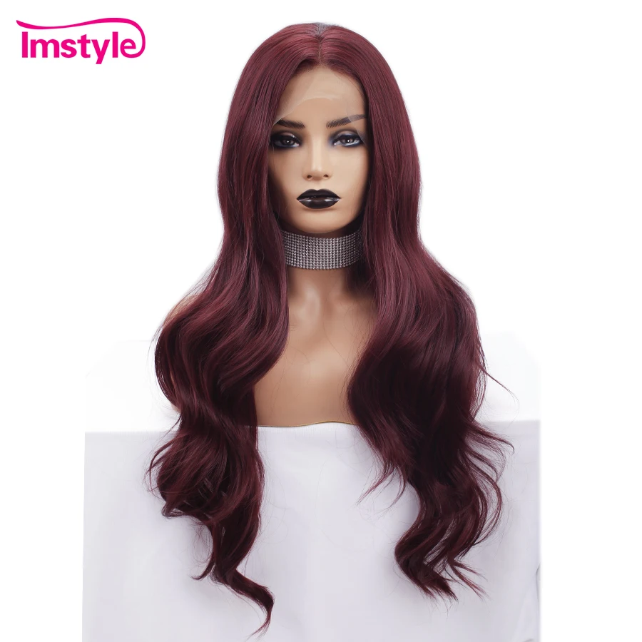 

Imstyle 99J Red Wig Synthetic Lace Front Wig For Black Women Long Wavy Wigs Heat Resistant Fiber Natural Hair Cosplay Wig