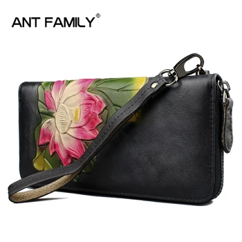 

Vintage Genuine Leather Women Wallet Zipper Long Purse 2019 Flower Female Clutch High Quality Ladies Real Leather Wallets