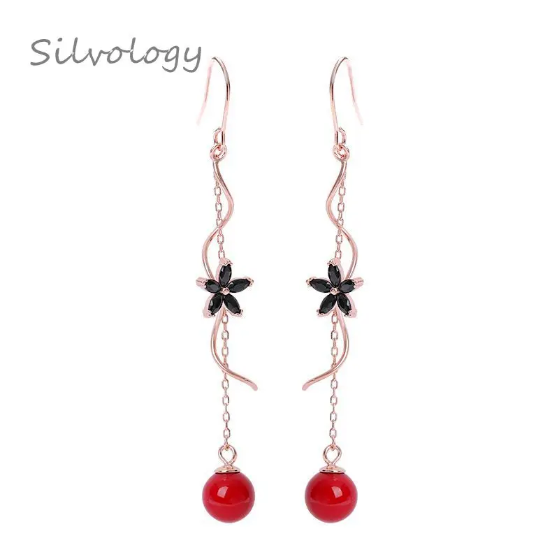 

Silvology 925 Sterling Silver Zircon Flower Long Tassel Female Earrings Rose Gold Elegant Red Bead Drop Earrings Fine Jewelry