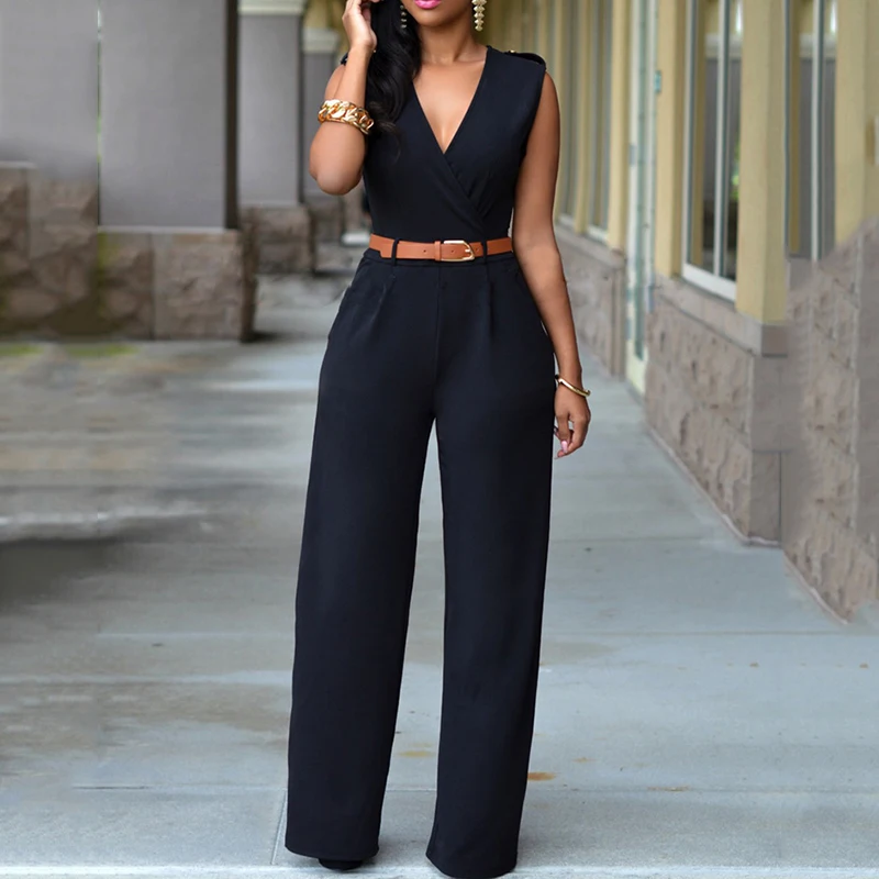 

2018 fashion Summer Women Sleeveless V-neck Wide Leg Jumpsuirt With Belt Sexy suit