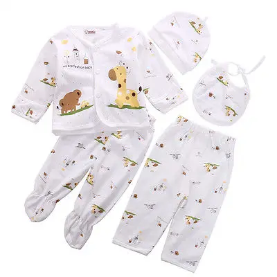 5Pcs Newborn Infant Baby Girl Boy Shirt+Pants Hat+Bid Set Outfits Clothes 0-3M