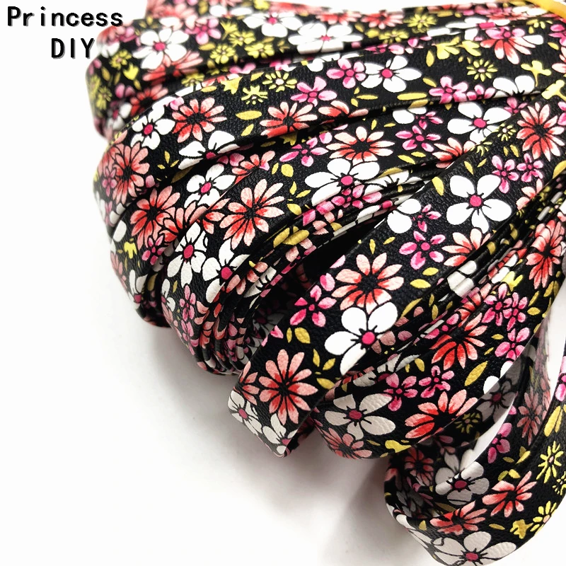 

5M/Lot 3/8'' Jewelry Making Findings PU Flower Print Ribbon 10mm Faux Leather Cord Rope Bias DIY Bracelet Chocker Necklace Craft