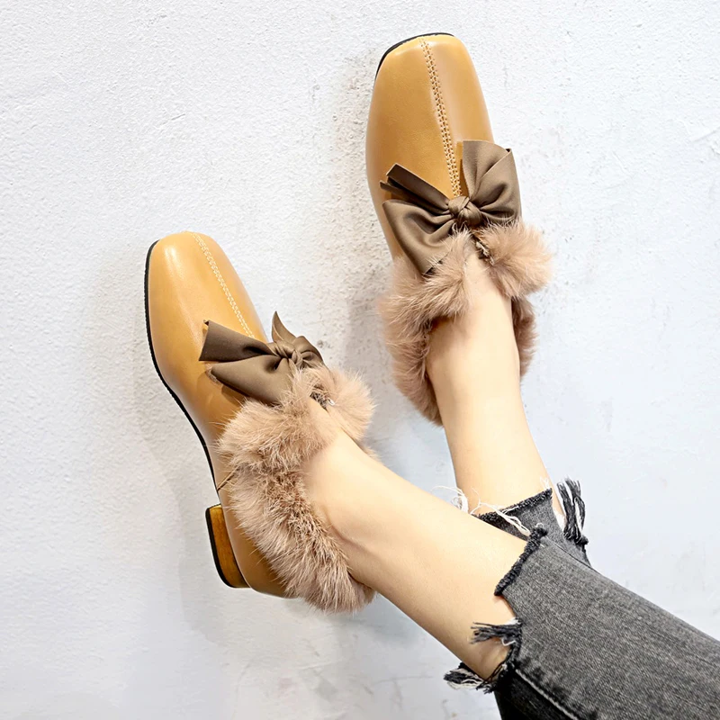 

Winter Women's Shoes Fur Flats Women Furry Fluffy Rabbit Hair Casual Loafers Lady Driving Shoes