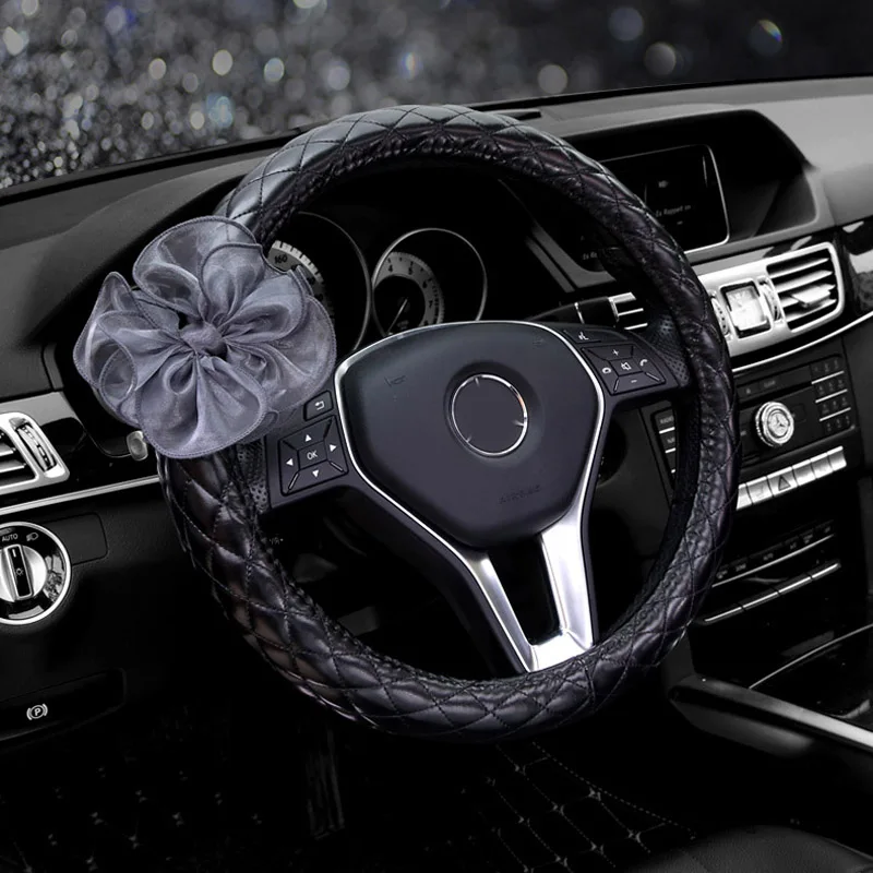 Elegant Lace PU Leather Car Steering Wheel Cover Crystal Universal