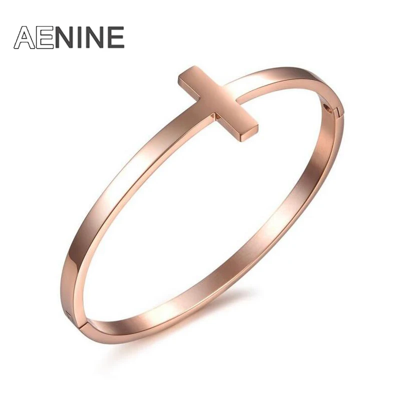 

AENINE Classic Rose Gold Color Cross Bangles Bracelets 316L Stainless Steel Open Design Cuff Bracelets Jewelry For Women OGH642