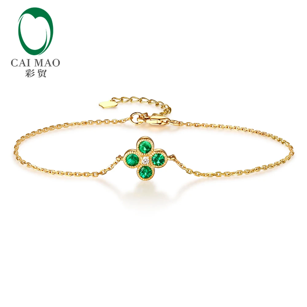 Caimao Jewelry 0.53ct Natural Emerald & Diamond 18k Yellow Gold Engagement Chain Bracelet