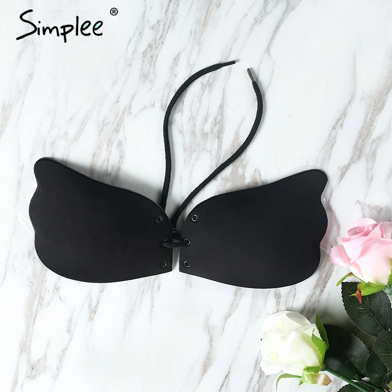Simplee Lace up nude breast petals Spandex bare lift bra reusable women intimates accessories Strapless sexy black invisible bra