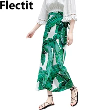 Папоротники тропическим принтом юбка с принтом комплект летней шифоновой длинная юбка с разрезами на завязках Для женщин пляжная юбка, саронг Saia