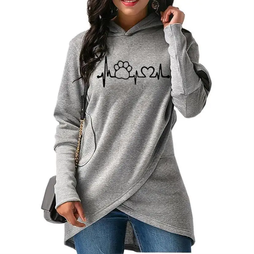 Dog Paw Love Letters Print Split Hoodies For Women Tops Hoodies Women Kawaii Sweatshirt Femmes Cotton Casual Girls Sweatshirts