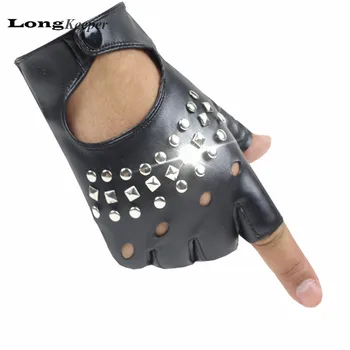 

LongKeeper 2016 Sexy Gloves for Women Semi Fingerless Glove Party Show Star leather Gloves Black White Mittens With Rivetse G113