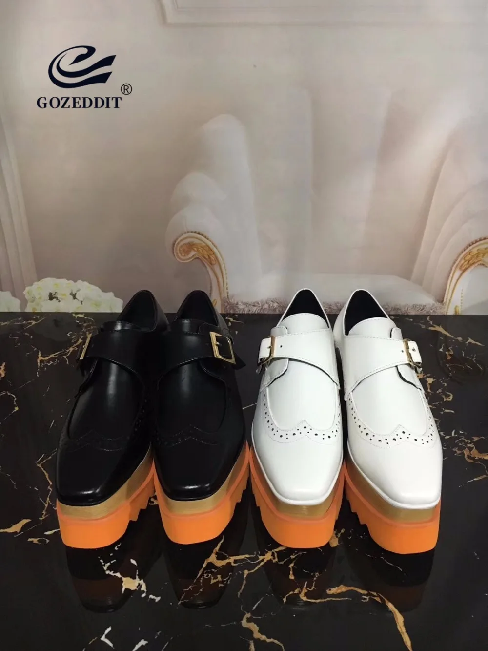 

GOZEDDIT Orange Sole Borgue Style Wedges Shoes Women Stylish Platform Creeper 8cm Heels Buckle Shoes
