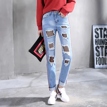 

Patchwork Hole Boyfriend Jeans Push Up High Waist Jeans With Side Stripe Thin Jean For Women Fishnet Pants Wool 3/4 Length Denim