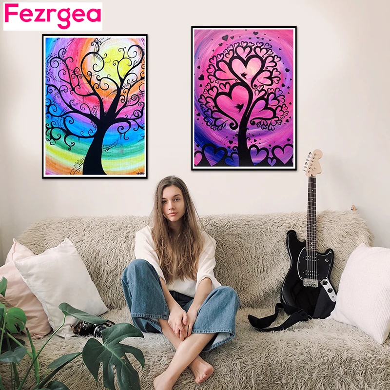 

Fezrgea Full Square Diamond Painting DIY Romantic love Color Tree Diamond Embroidered Cross-stitch Rhinestone Mosaic Decor Gift