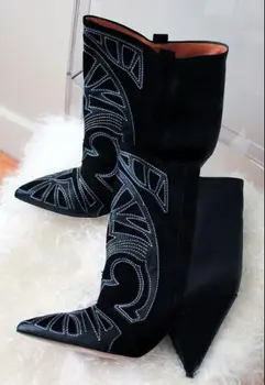 

fashion woman Totem Embroidered Leather spike low heel pointed toe ankle boots real photo large size custom make real photos