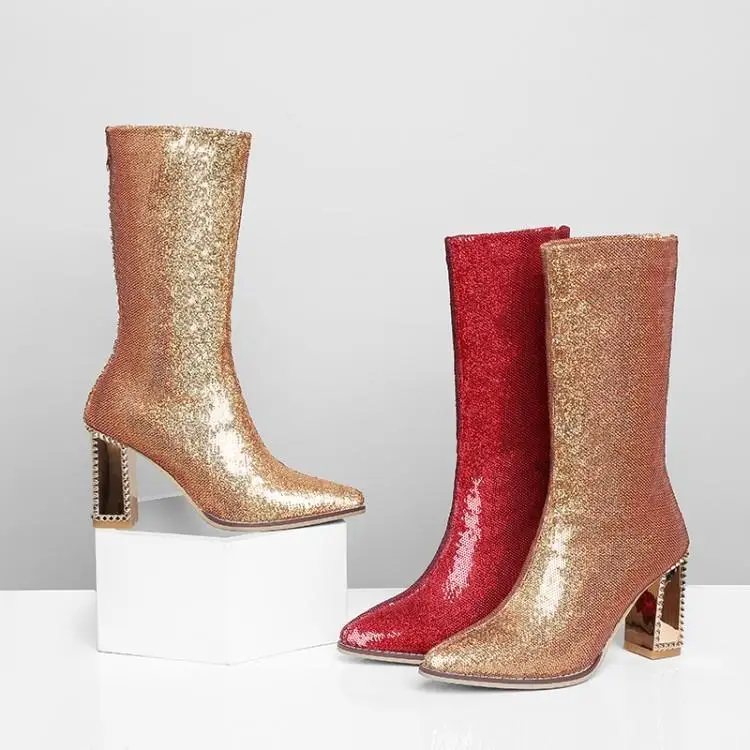 

Bling Red Gold Sequined Patent Leather Ankle Boots For Women Round Toe High Metallic Square Heel Winter Shoes Woman Back Zipper