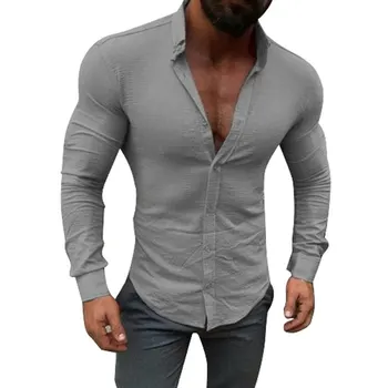

NIBESSER Men Long Sleeve Casual Slim Fit Shirt Button Casual Male Solid Shirt Summer Spring V-Neck Business Shirt Tops Tees