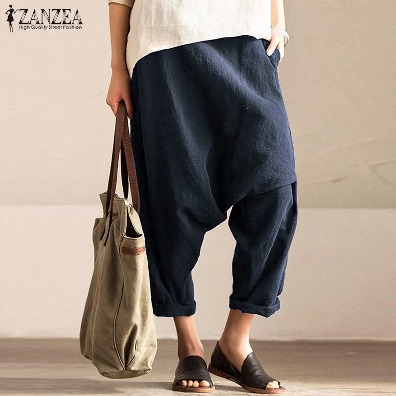 ZANZEA Women Cotton Linen Drop Crotch Pants Autumn Vintage Elastic Waist Solid Harem Trousers Casual Pantalon Turnip Robe Femme