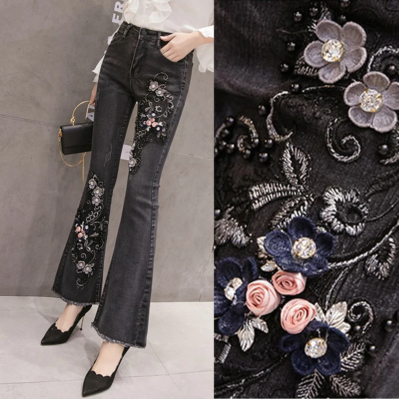 

Spring Fall Korea Women High Waist Applique Flower Pearls Tassel Black Denim Trousers , Woman Embroidered Rhinestone Jeans Pants
