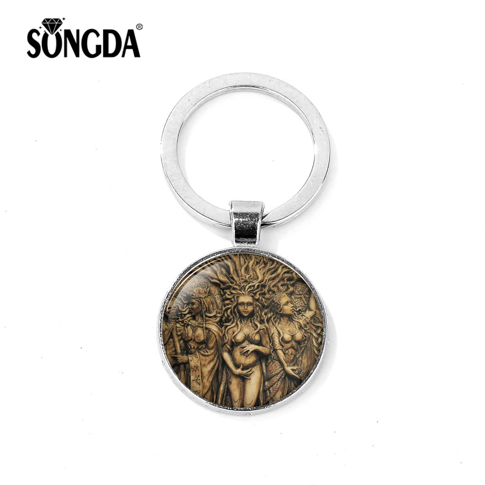 

SONGDA Sacred Vintage Statue of Triple Moon Key Chains Triple Goddess Handmade Glass Photo Cabochon Keyring Amulet Jewelry Gift