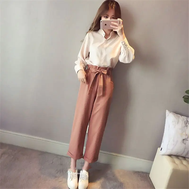 

2019 Women Spring Autumn Single Breasted Solid Chiffon Shirt + Elastic Waist Bow Sashes Loose Pant Suit Lady Casual Sets Z408