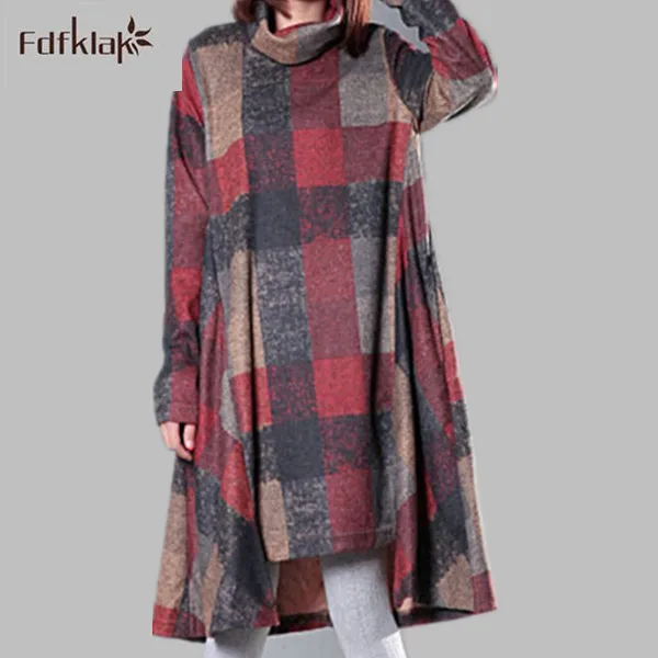 

Autumn And Winter Dress Large Size Clothing Loose Women Dresses Turtleneck Irregular Full Dress Plaid Long Sleeve Vestidos A262