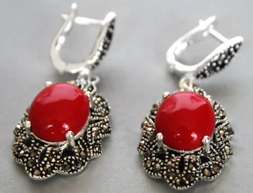 

Vintage 925 Sterling Silver Red stone Marcasite Dangle Hook Earrings