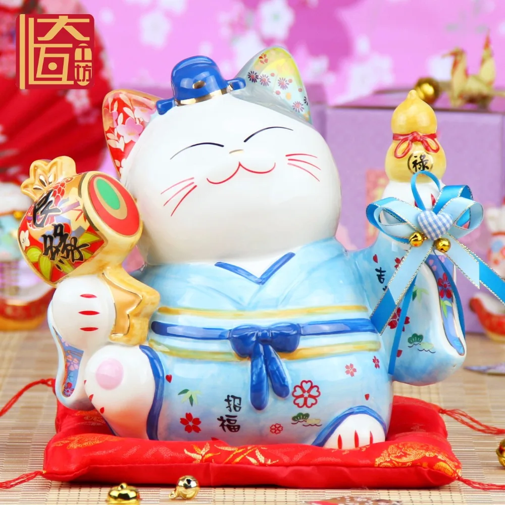 Одна пара Керамика Lucky Cat Большой орнамент пара Копилка синий розовый удачи украшения свадебный подарок