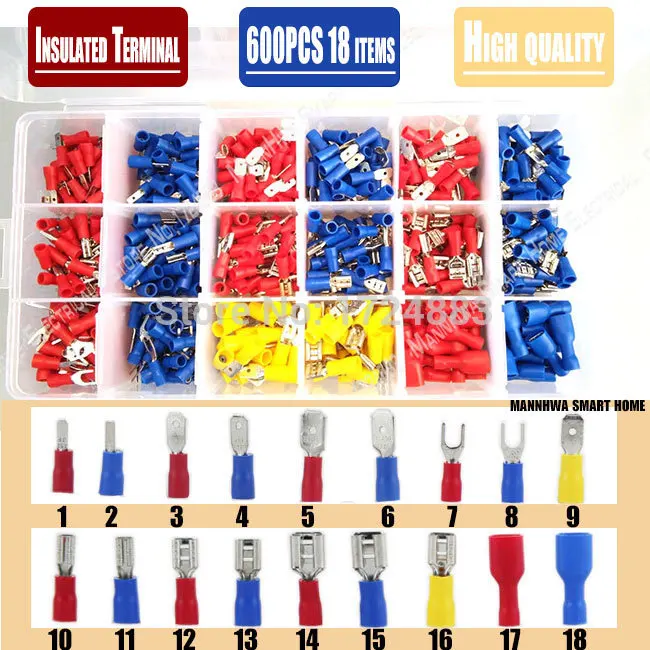 Beste Gratis verzending 600 stks partij Diverse Vrouwelijke Mannelijke Volledige Geïsoleerde Terminals Connectors Assortiment Kit Elektrische Crimp Spade Ring
