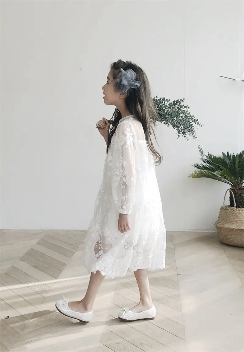 Милое Платье для девочек; От 4 до 16 лет; платья для маленьких детей; костюм принцессы; белое кружевное платье с длинными рукавами для свадебной вечеринки; детская одежда