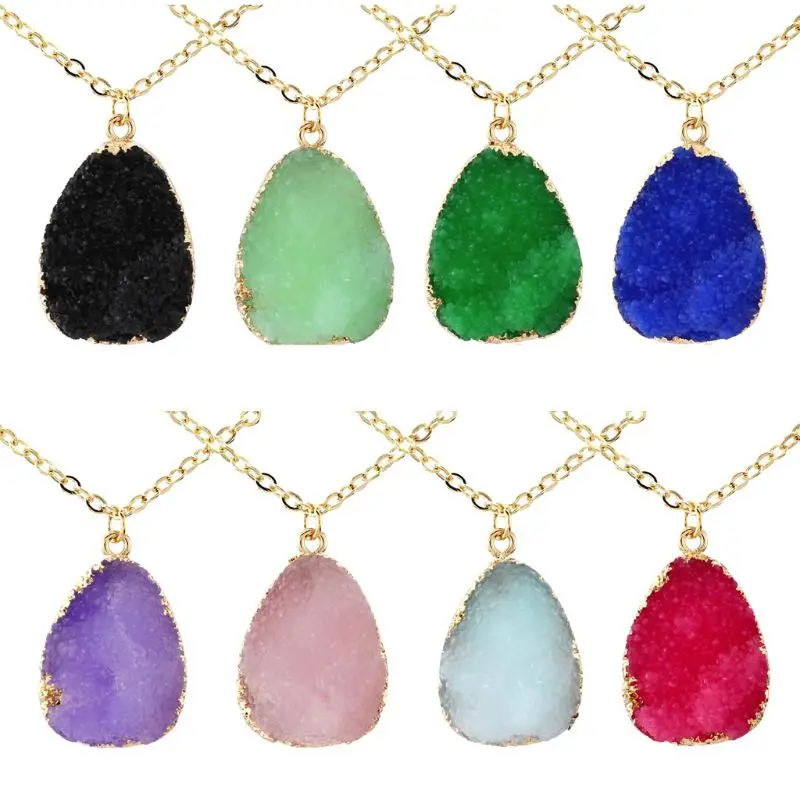 

Natural Druzy Stone Slice Quartz Crystal Pendant Chain Necklace Fashion Jewelry