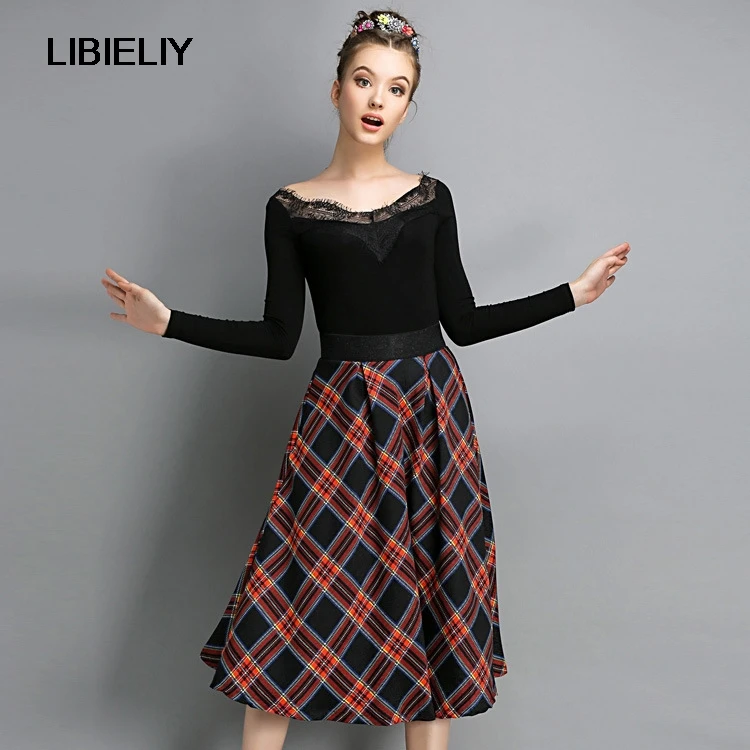 New Fashion Women Skirt Cotton Knee Length Coat Ladies Ball Gown High Waist font b Tartan