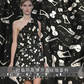 

108cm wide 22mm 95% natural silk 5% spandex musical instruments print silk elastic stain fabric for summer skirt shirt dress