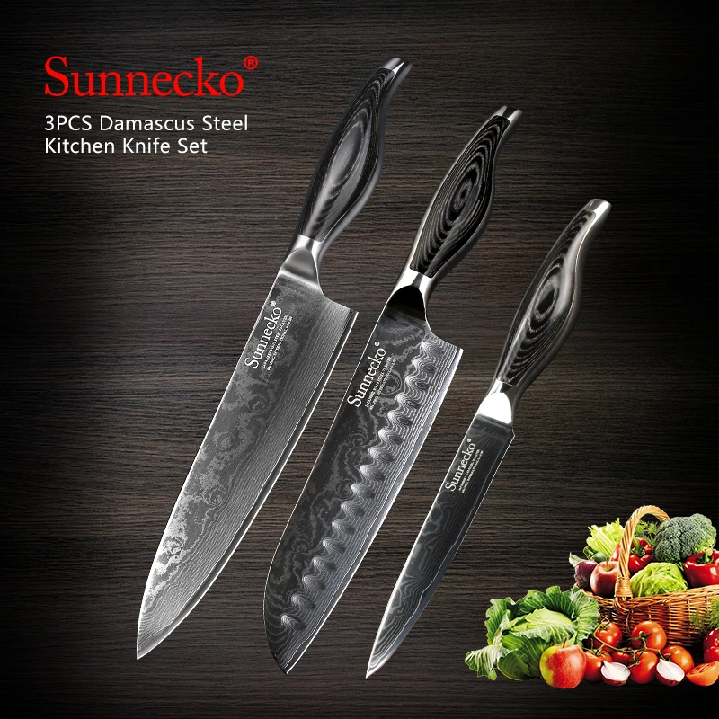 

SUNNECKO 3PCS Kitchen Knives Set Santoku Utility Chef Knife Japanese Damascus VG10 Steel Razor Sharp Pakka Wood Handle Cut Tools