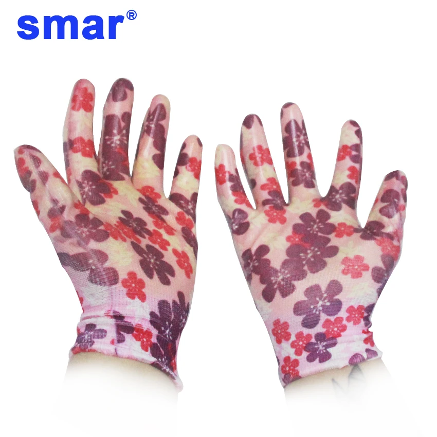 

Smar Garden Gloves Beauty Flower Printed Nitrile Labor Gloves Women Non-Slip Housework Cleaning Breathable Gloves 5 Pairs