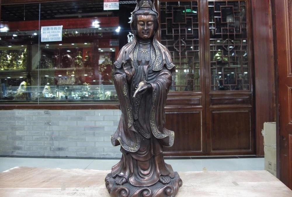 

Buddhism Red Copper GuanYin Bodhisattva Kwan Yin Goddess Hold Vase Buddha Statue
