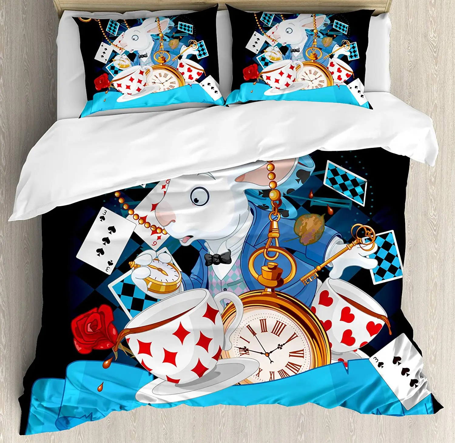 

Alice Duvet Cover Set Queen Size Rabbit Amazing with Motion Cups Hearts Rose Flower Character Alice Cartoon Bedding Set