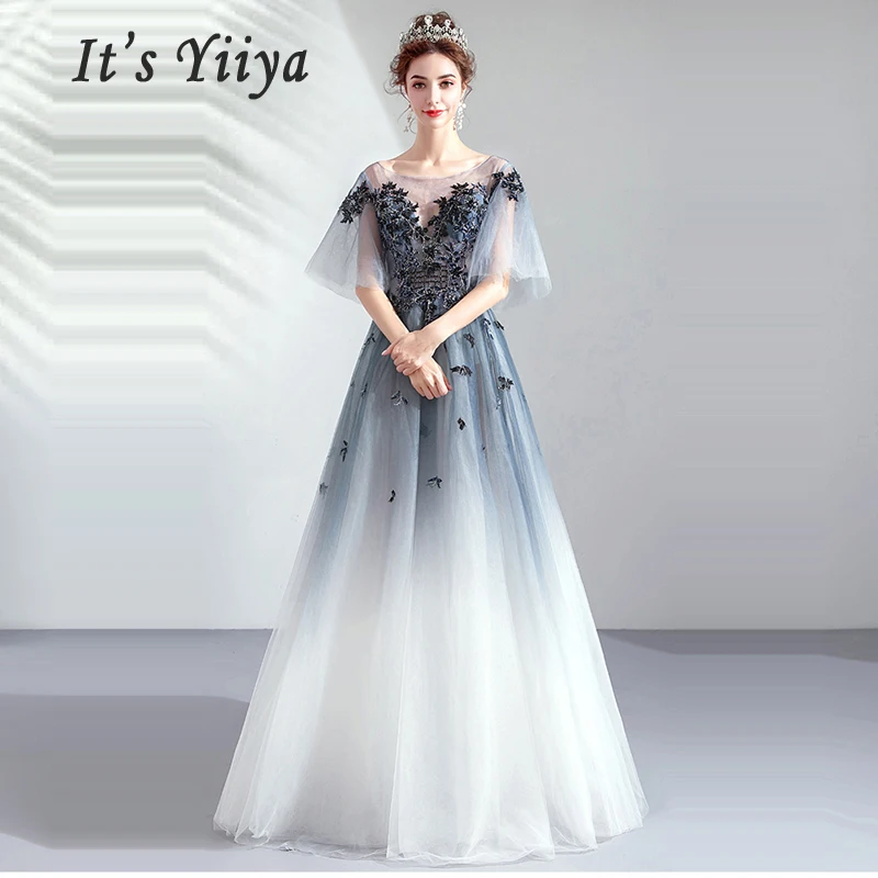 

It's Yiiya Evening Dress Boat Neck Women Party Dresses Crystal Robe De Soiree 2019 Long Plus Size Half-sleeve Formal Gowns E654