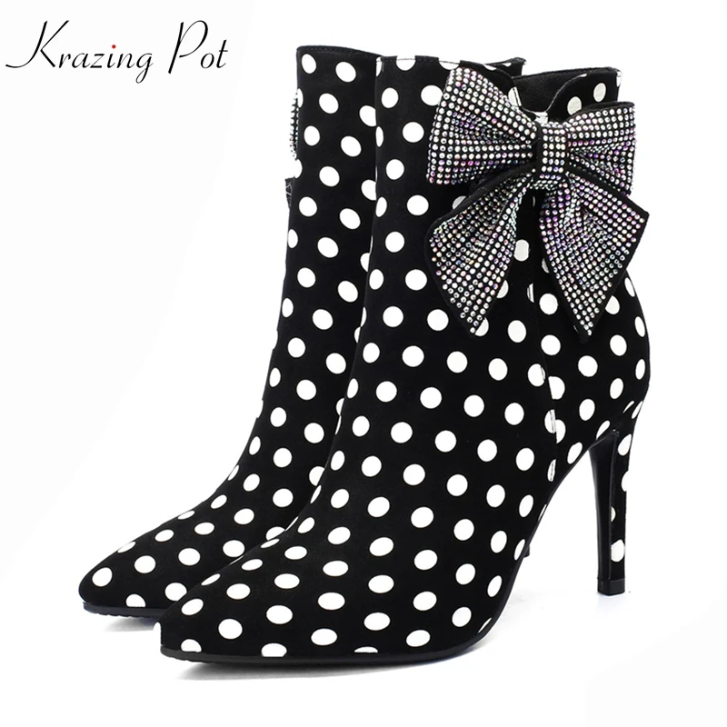 

Krazing Pot kid suede pointed toe party wedding dot pattern elegant brand shiny crystal butterfly-knot dating ankle boots L47