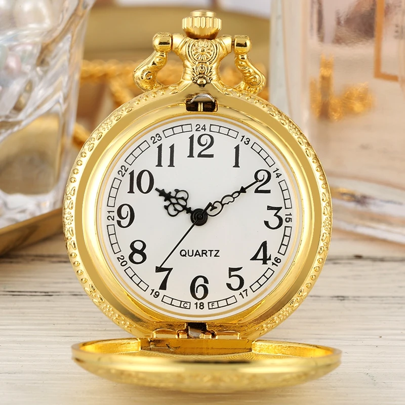 Royal Gold Shield Crown Pattern Quartz Pocket Watch Necklace - Luxury Steampunk Pendant Collectible Jewelry Gift