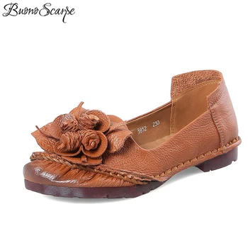 

Buono Scarpe Fashion Flower Design Round Toe Flat Shoes Vintage Genuine Leather Women Flats Girl Loafer Shoes Woman Retro Shoes