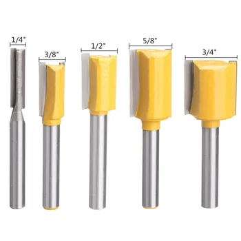 

5Pcs 1/4'' Shank Straight Router Bit Set 1/4" 3/8" 1/2" 5/8" 3/4" Turning Lathe Woodworking Tool