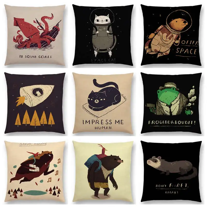 

Magical Animal Fantasy Adventure Legend Fairy Tales Bear Cat Bird Squid Sloth Cushion Cover Sofa Throw Pillow Case Fun Game