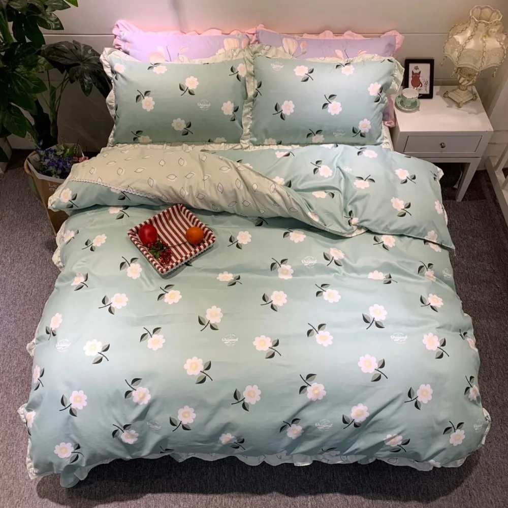 

Princess style Bedding Set Luxury Blue flowers Bed set Queen Size Bed Sheet Milk cotton Duvet Cover Set Boutique Bed Linen