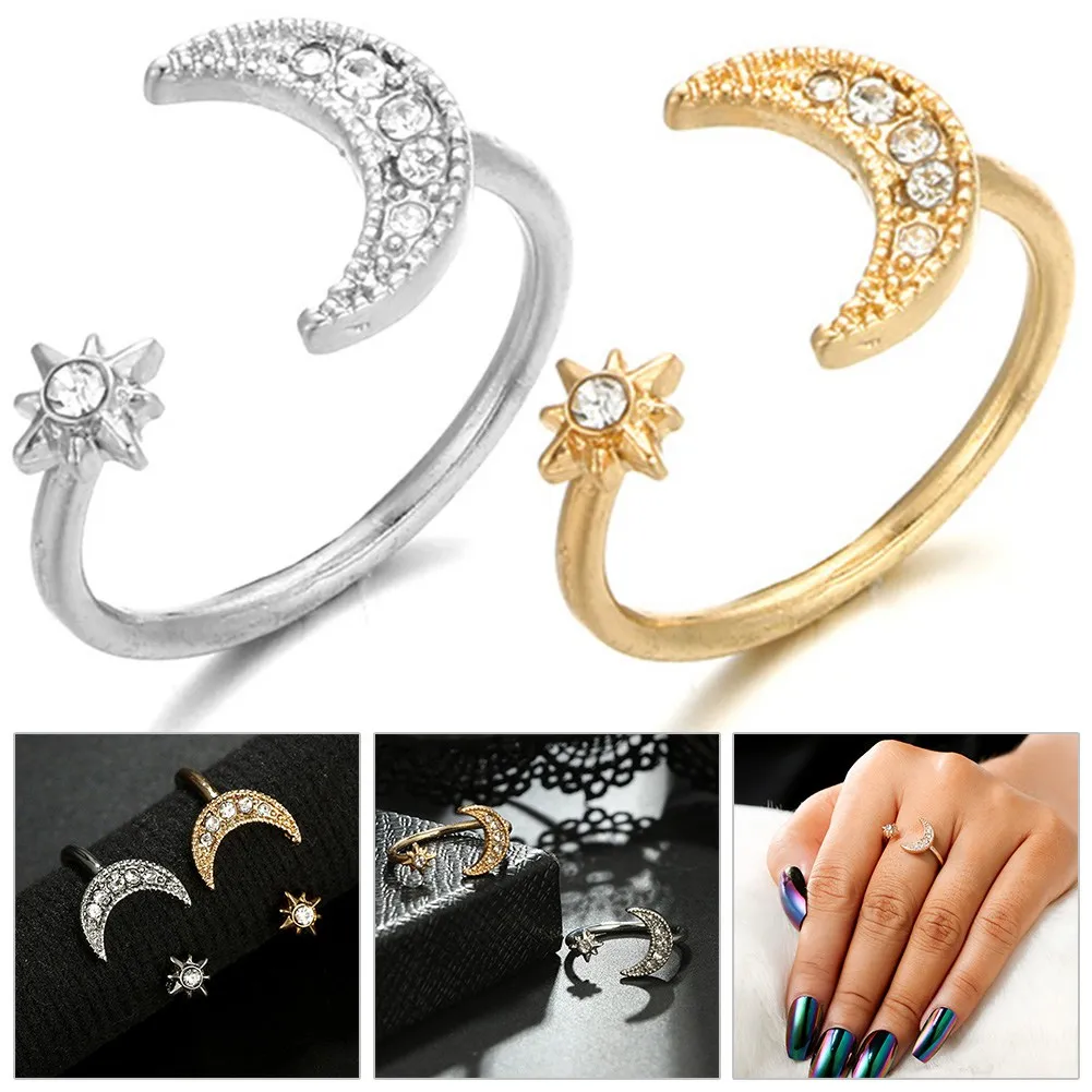 

2018 New Fashon Gold And Silver Color Adjustable Crescent Moon And Tiny Star Rings For Women