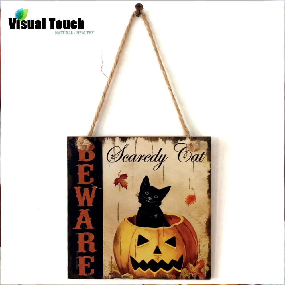 

Visual Touch Halloween Holiday Decorative Ornament Wooden Cat Pumpkin Wall Door Sign Hanging Plaque