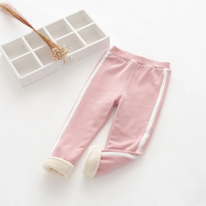 Осенне-зимние леггинсы для девочек; Одежда для мальчиков; спортивные хлопковые брюки; плотные бархатные леггинсы в полоску для малышей; Теплые повседневные брюки - Цвет: Розовый