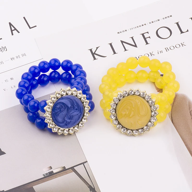 GuanLong Vintage Resin Cuff Bracelets Bangles for Women Fashion Stretch Round Blue Beads Acrylic Bracelet Simple Charm Jewelry (2)