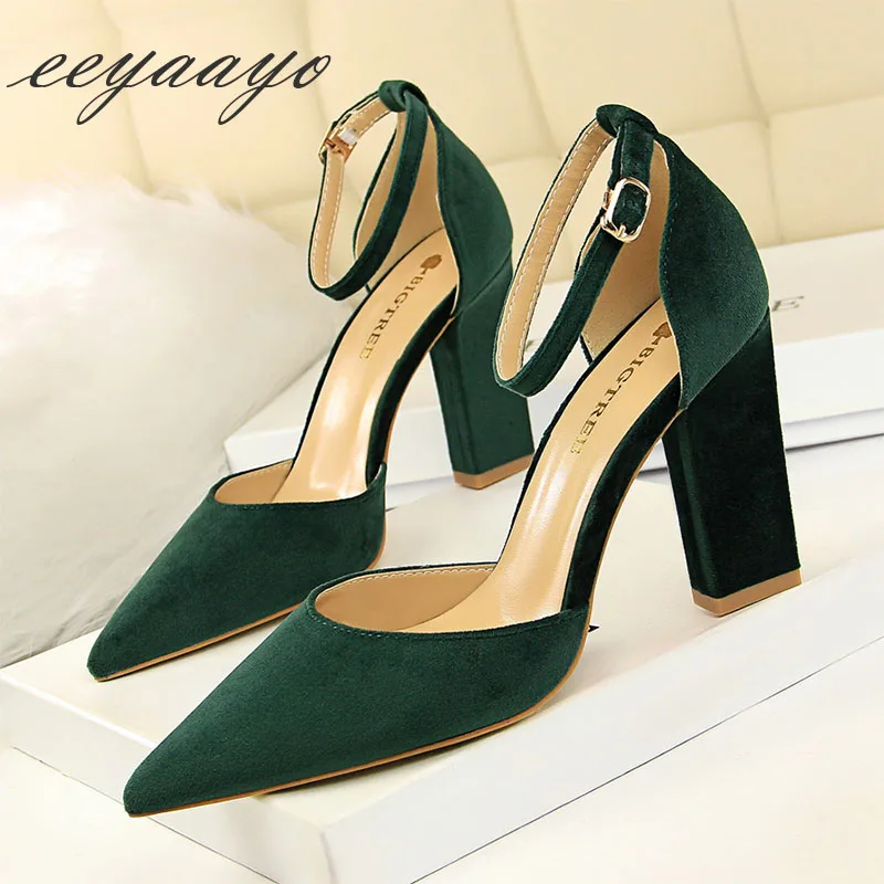 

2019 New Summer Women Sandals High Square Heel Pointed Toe Buckle Solid Casual Sexy Ladies Women Shoes Green Female High Heels