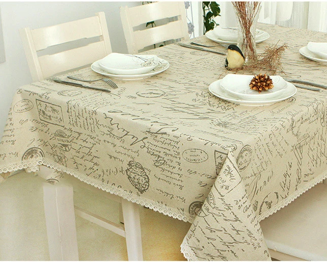 

Europe Style Linen Cotton Table Cloth Rectangular Lace Edge Tablecloths Letter Printed Dustproof Table Covers toalha de mesa