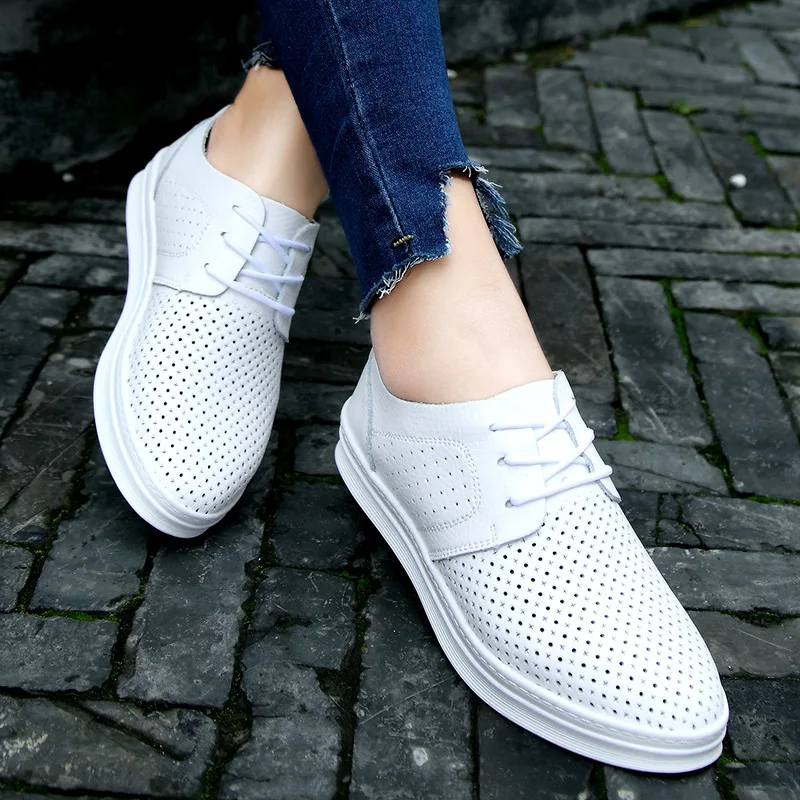 

Women Shoes 2018 Solid Cut Out Lace Up Genuine Leather Women Flats Nurse Shoes Single Boat Shoes Espadrilles Women Loafers